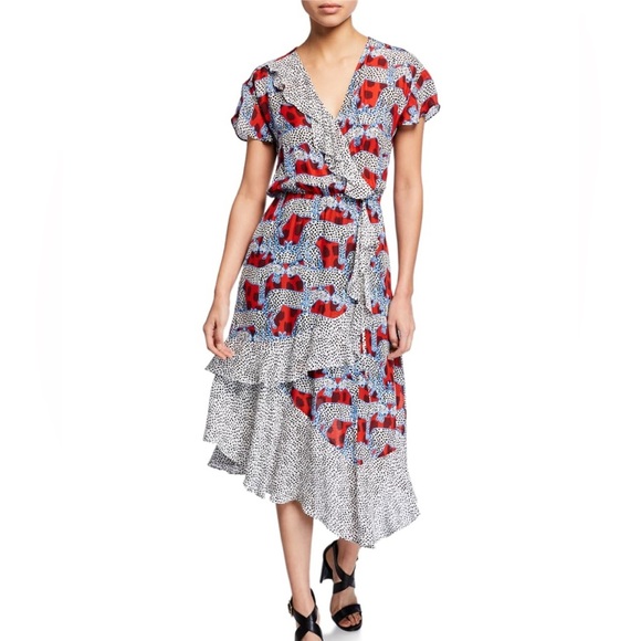 NWOT PARKER S
Reina Faux Wrap Midi Dress Animalia Blue Multi Print Leopard Cat - Picture 1 of 12